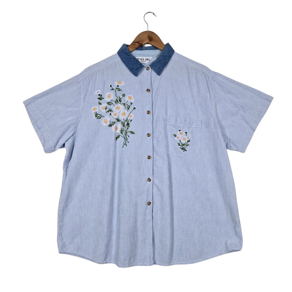Vintage Victoria Jones Daisy Embroidered Shirt 24W Blue Stripe Cottagecore